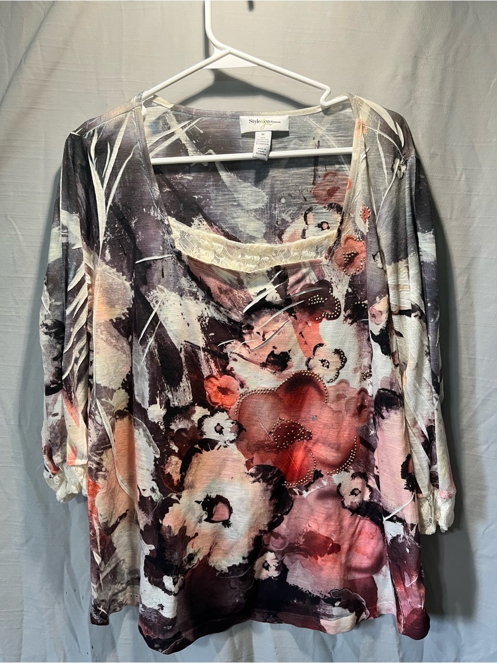 Style & Co. Women's Floral Scoop Neck Top - Pink Multi 1x